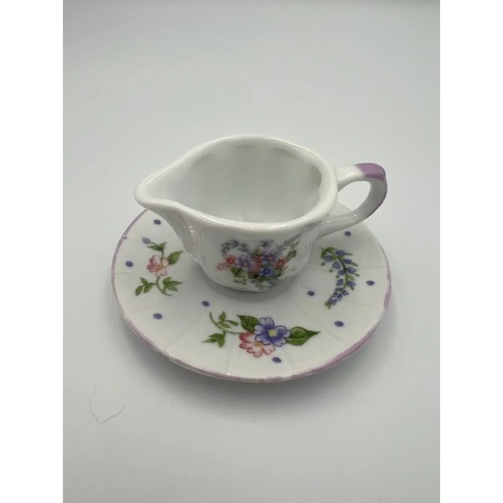 Miniature Floral Porcelain Creamer and Saucer Set Purple White Tea Set Accessory